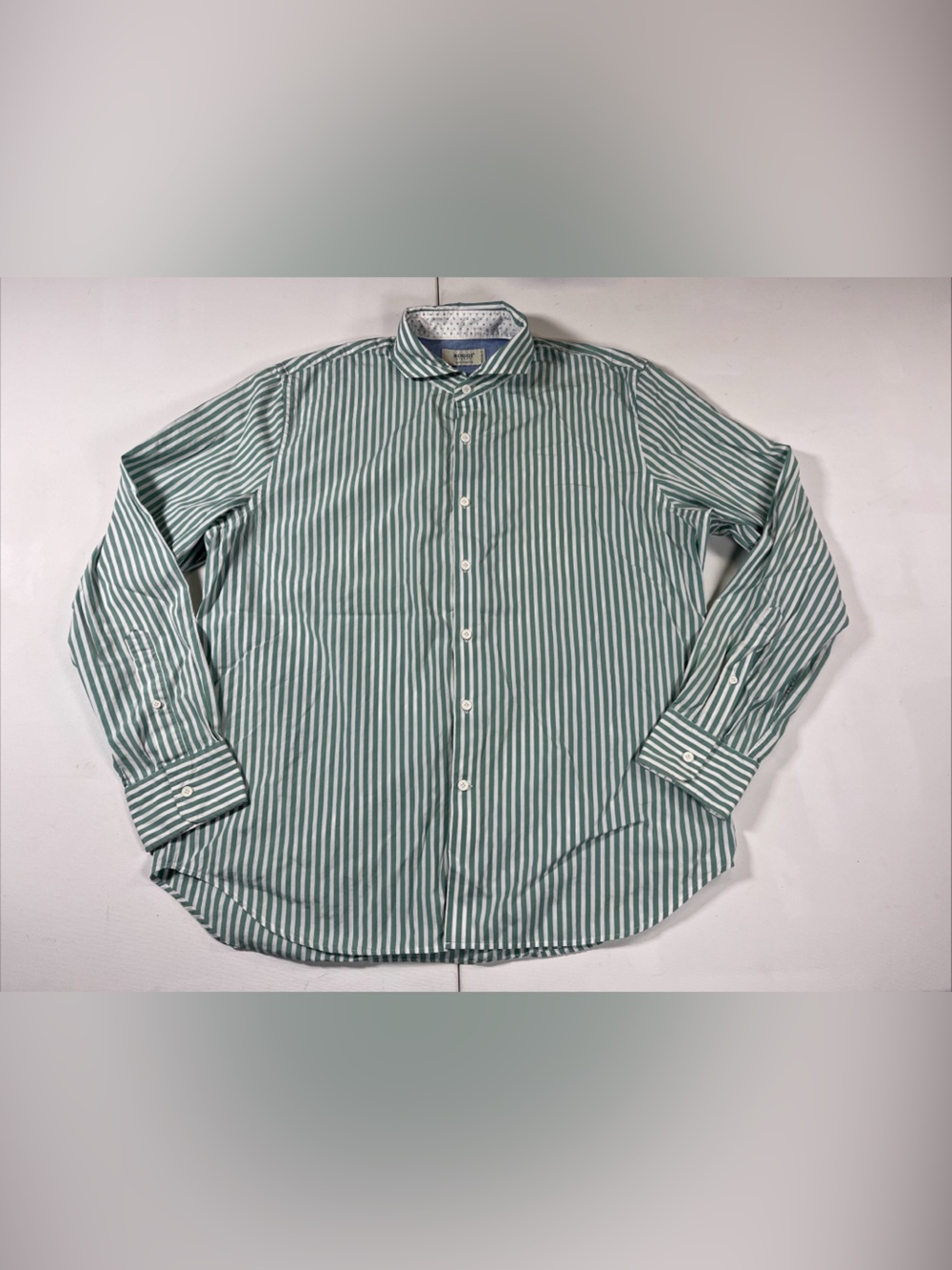 Boggi Milano Band Collar Long Sleeve Button Up Shirt Green White Italy Mens XXL